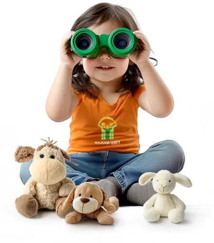kid wearing glasses with stuffed animals around 